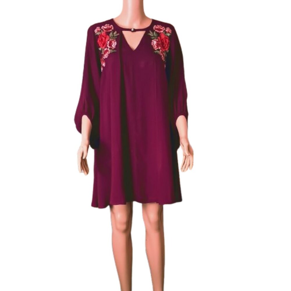 Women's Embroidered V-Neck Dress S Pleated Front & Back, Bishop Sleeves